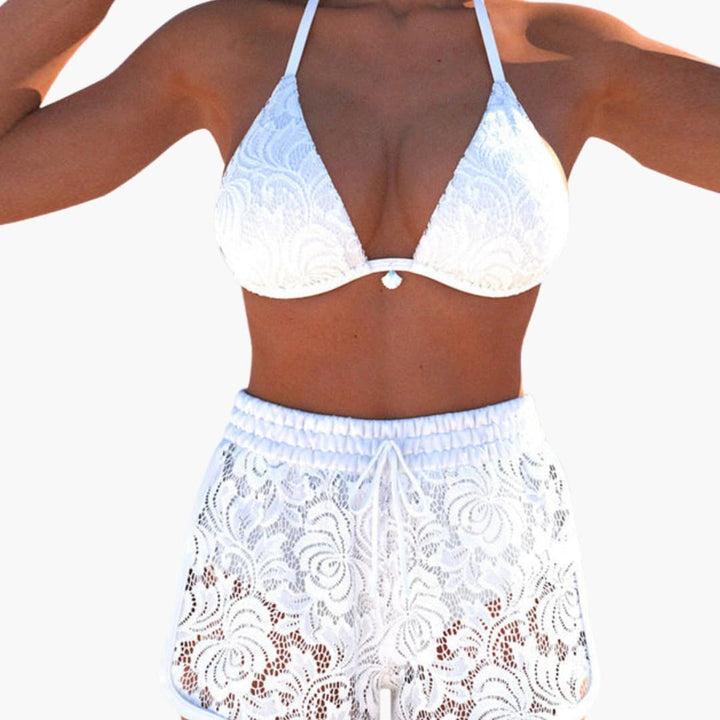 Women’s White Strapless Bikini Set with Lace-Up Shorts