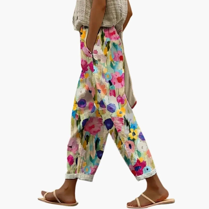 Women’s Wide Leg Floral Pants with Pockets – Pull-On Full-Length Trousers