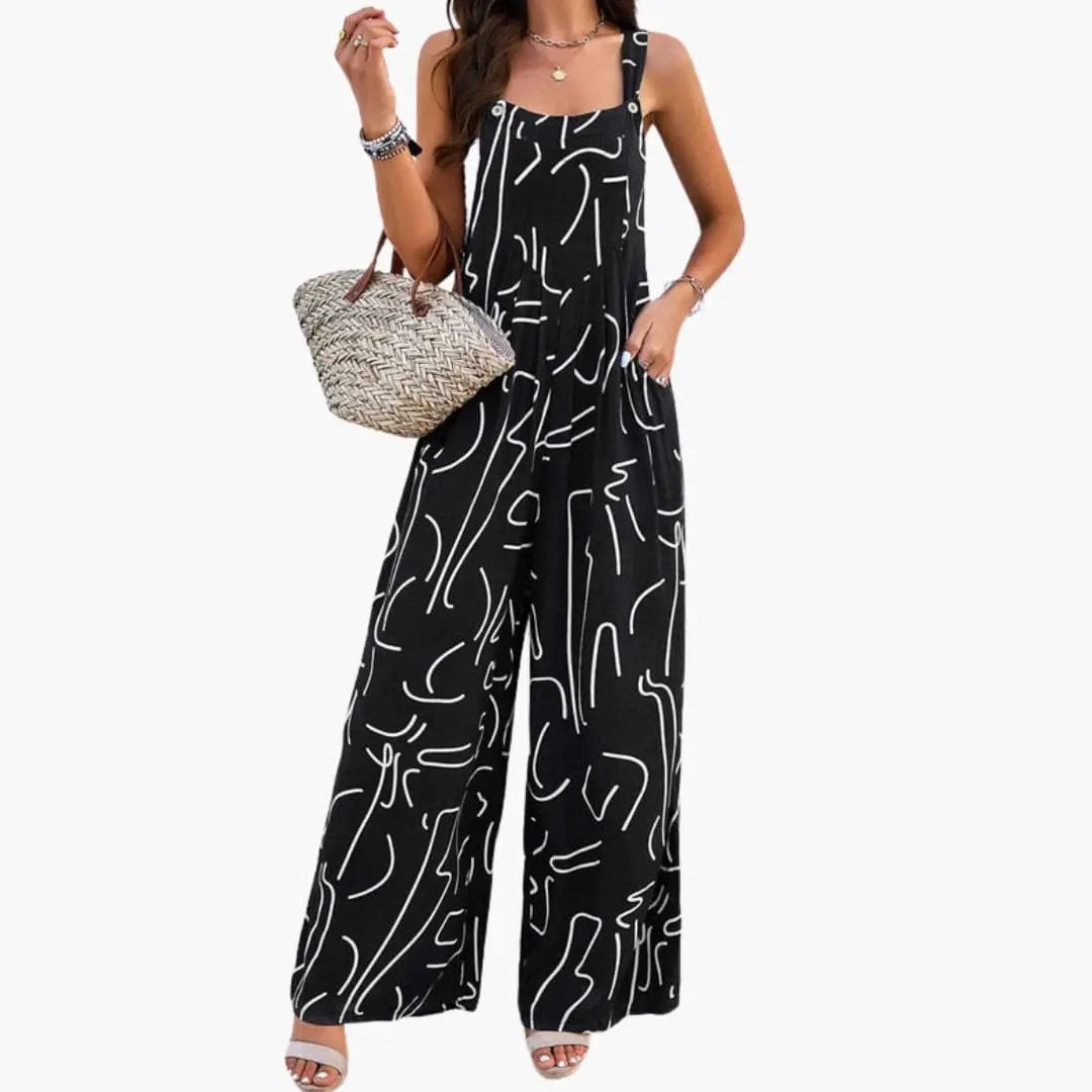 Women’s Wide Leg Jumpsuit with Adjustable Straps – Printed One - Piece