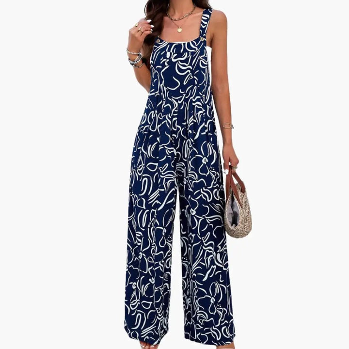 Women’s Wide Leg Jumpsuit with Adjustable Straps – Printed One - Piece