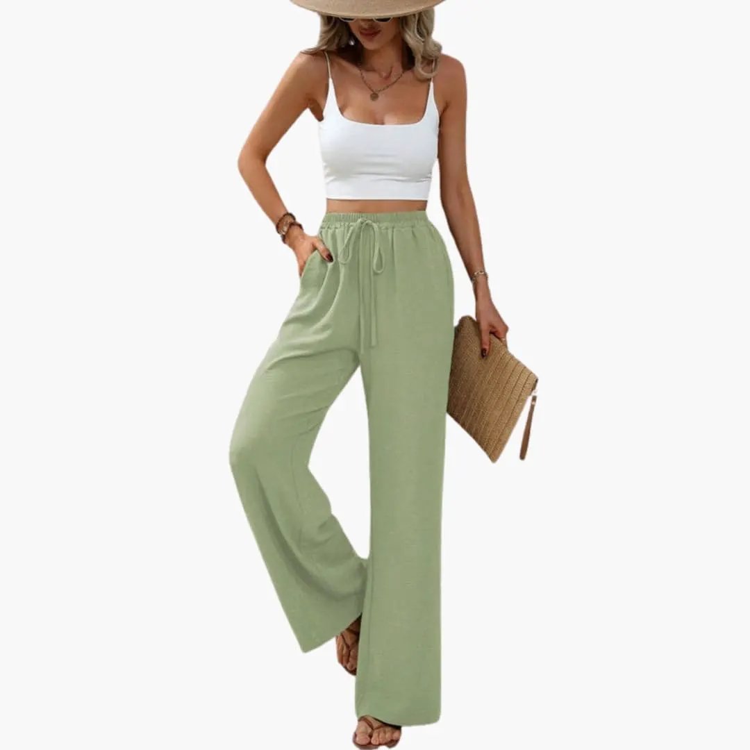Women’s Wide Leg Summer Pants with Elastic Waist – Pull-On Full-Length Trousers