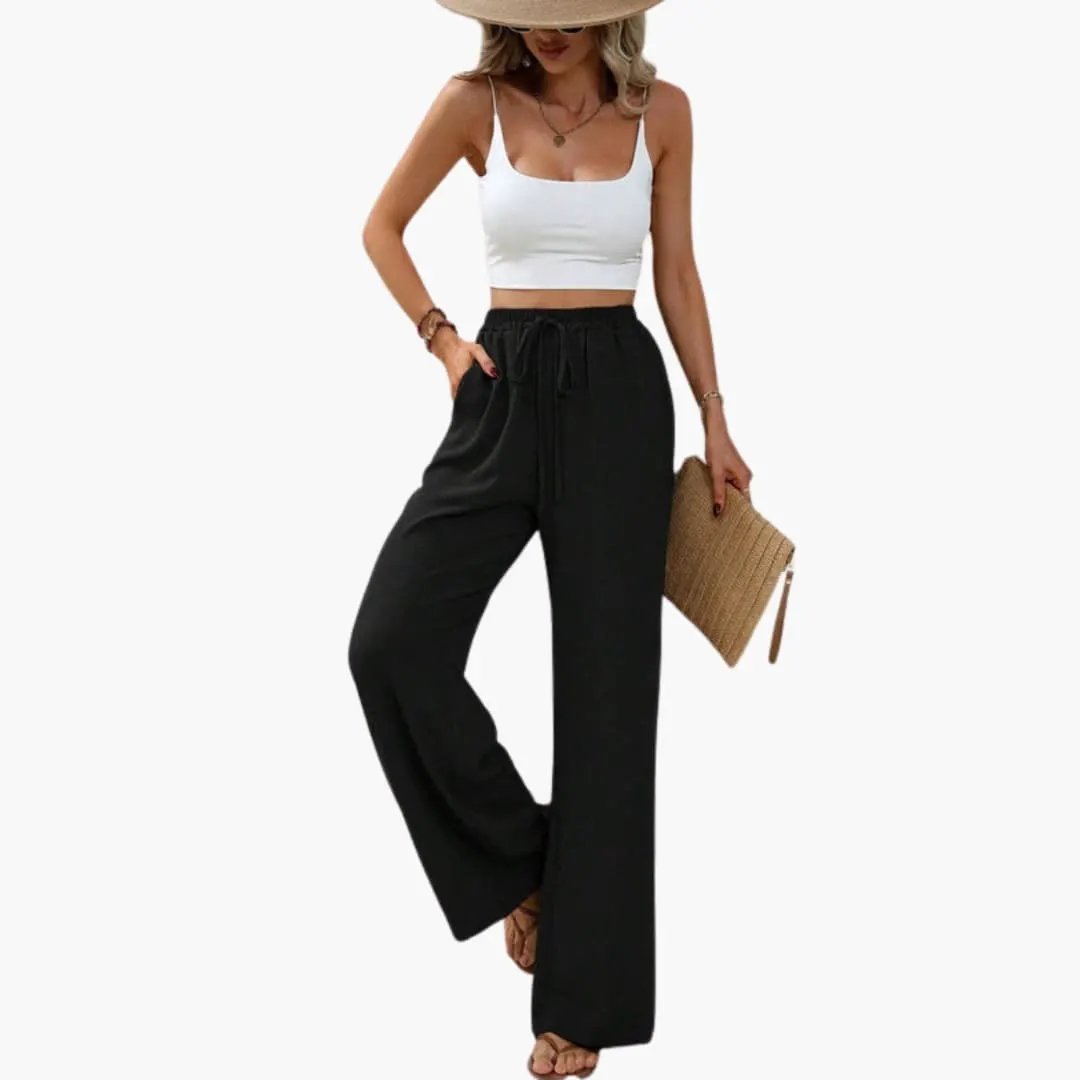 Women’s Wide Leg Summer Pants with Elastic Waist – Pull-On Full-Length Trousers