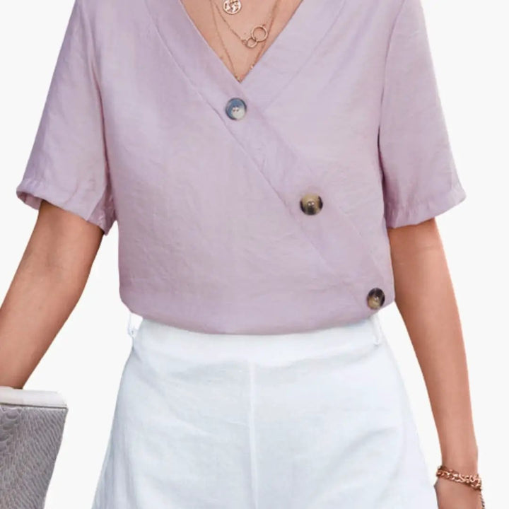 Women's Wrap Front Blouse with Button Details and Short Sleeves