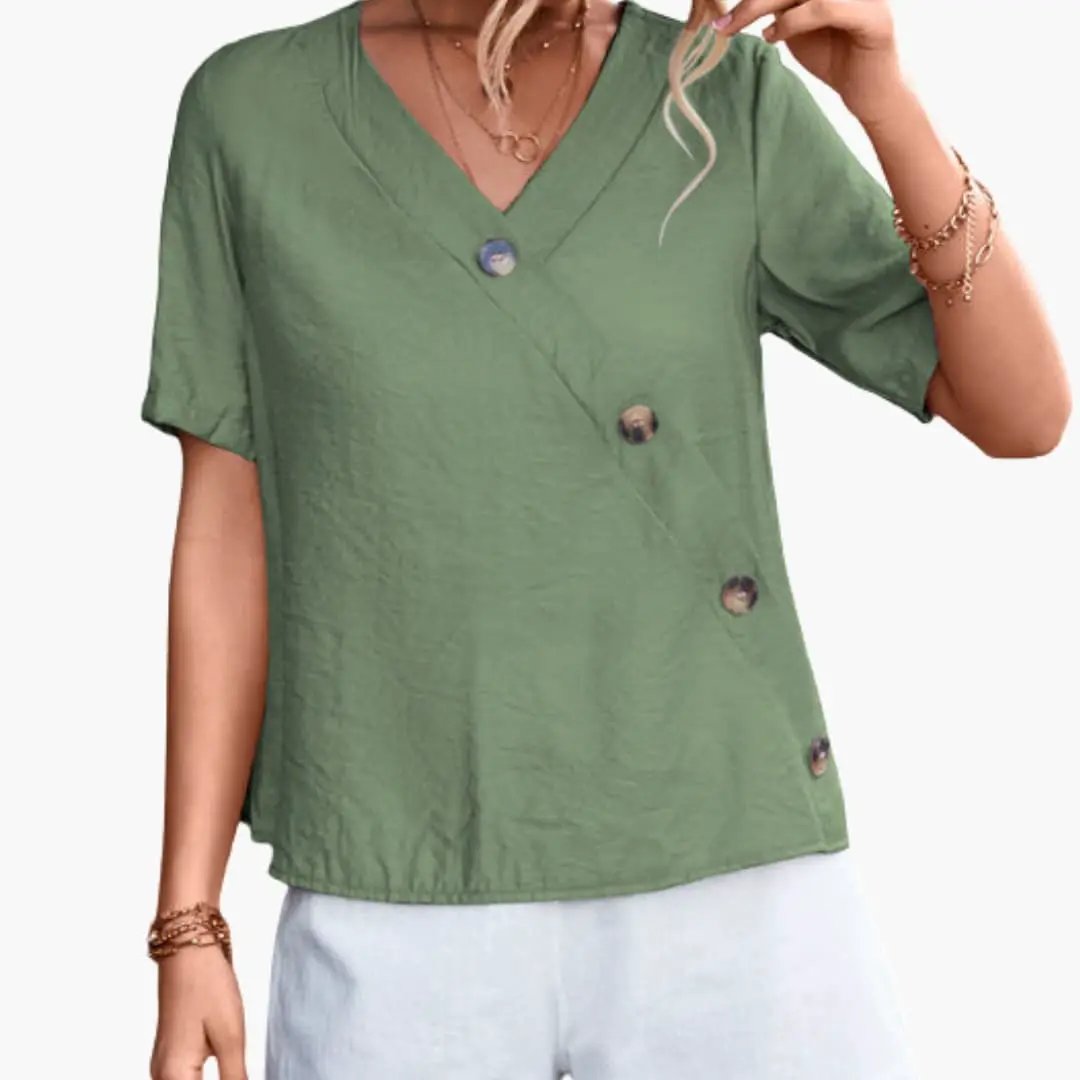 Women's Wrap Front Blouse with Button Details and Short Sleeves
