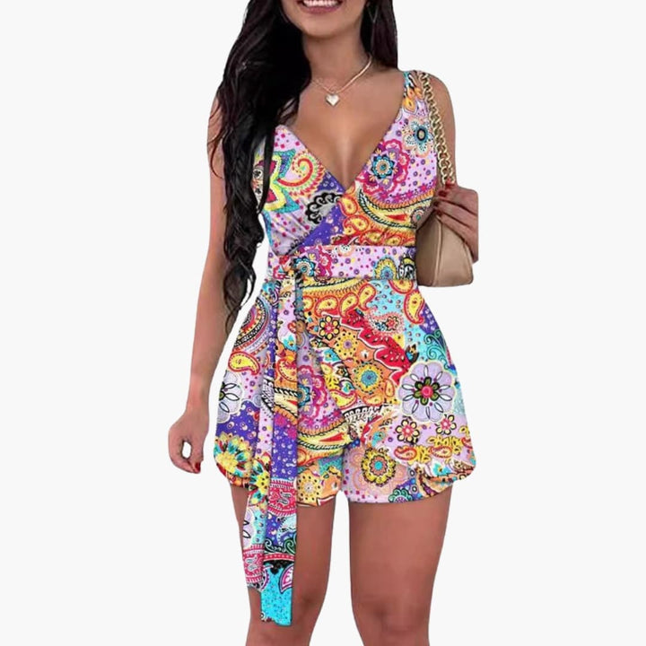 Women’s Wrap Jumpsuit with V-Neck and Printed Surface