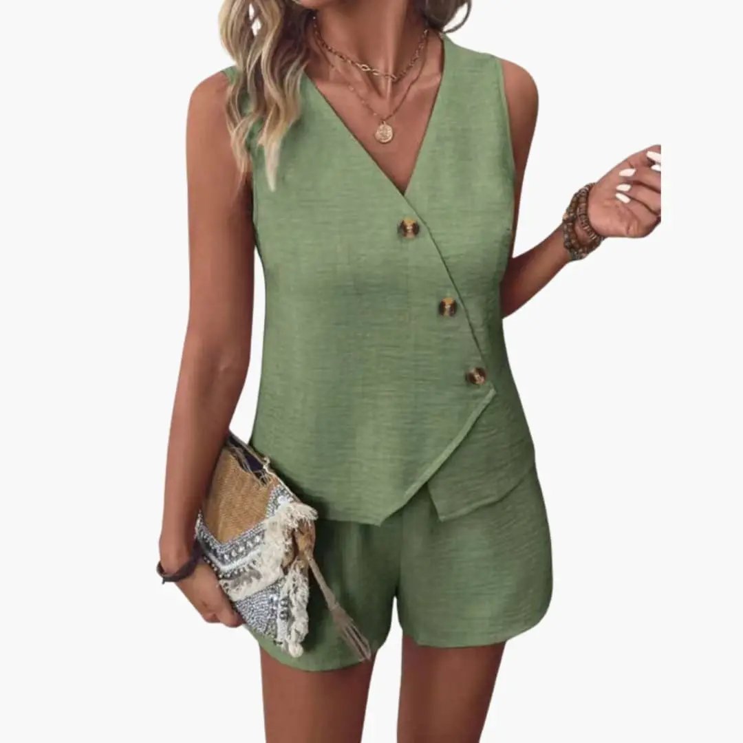 Women’s Wrap Neck Jumpsuit with Button Front – Sleeveless One - Piece