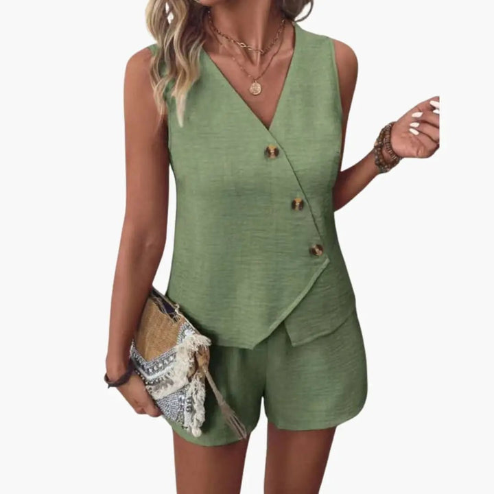 Women’s Wrap Neck Jumpsuit with Button Front – Sleeveless One - Piece