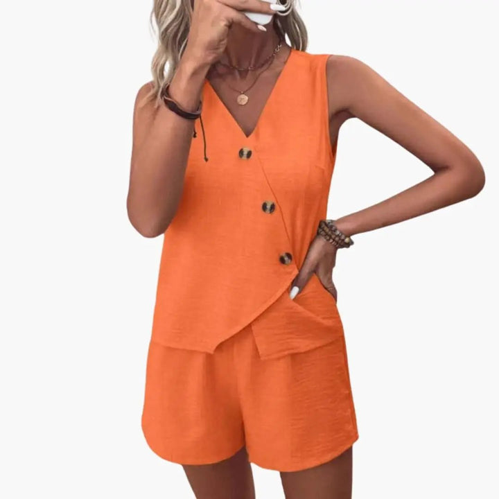 Women’s Wrap Neck Jumpsuit with Button Front – Sleeveless One - Piece