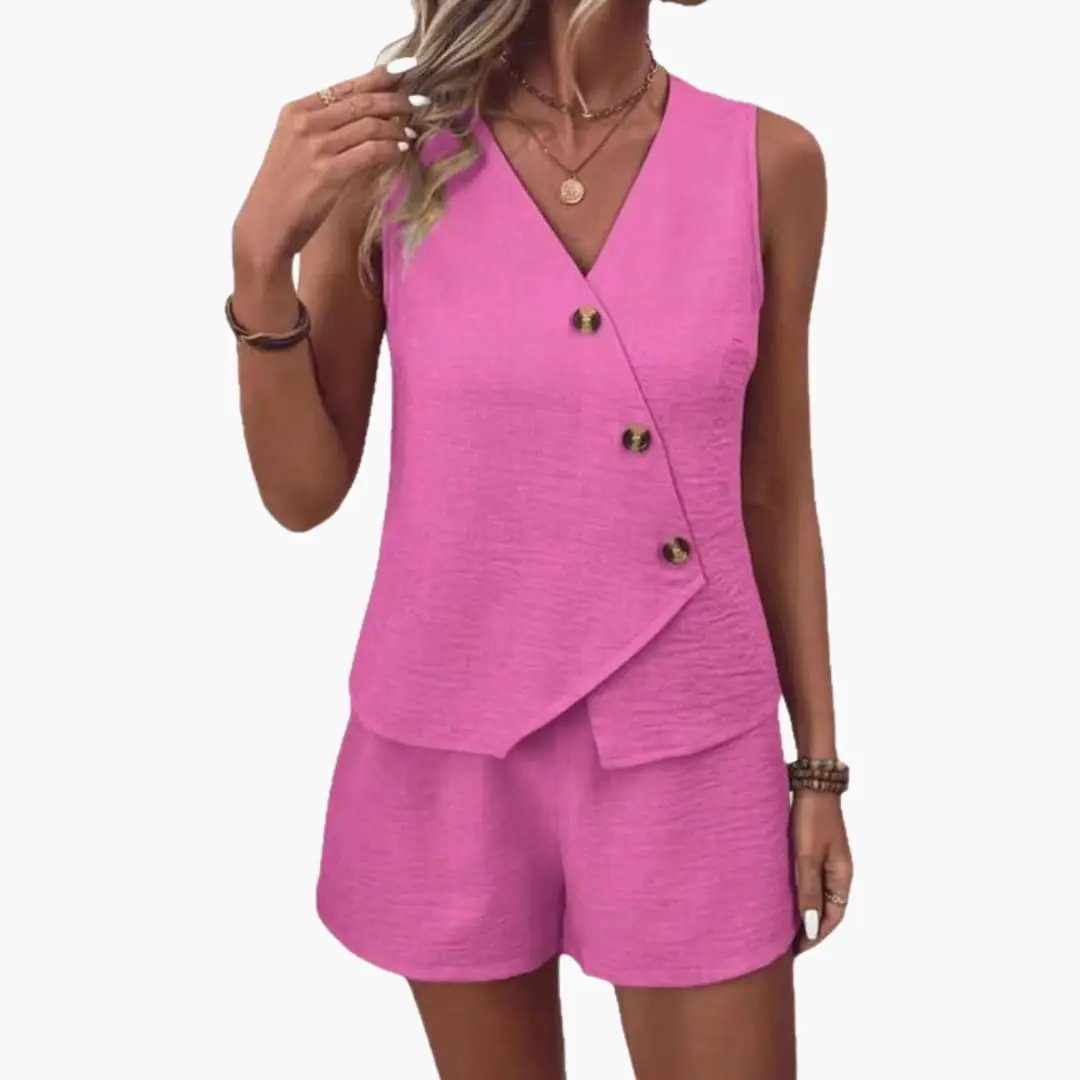 Women’s Wrap Neck Jumpsuit with Button Front – Sleeveless One - Piece