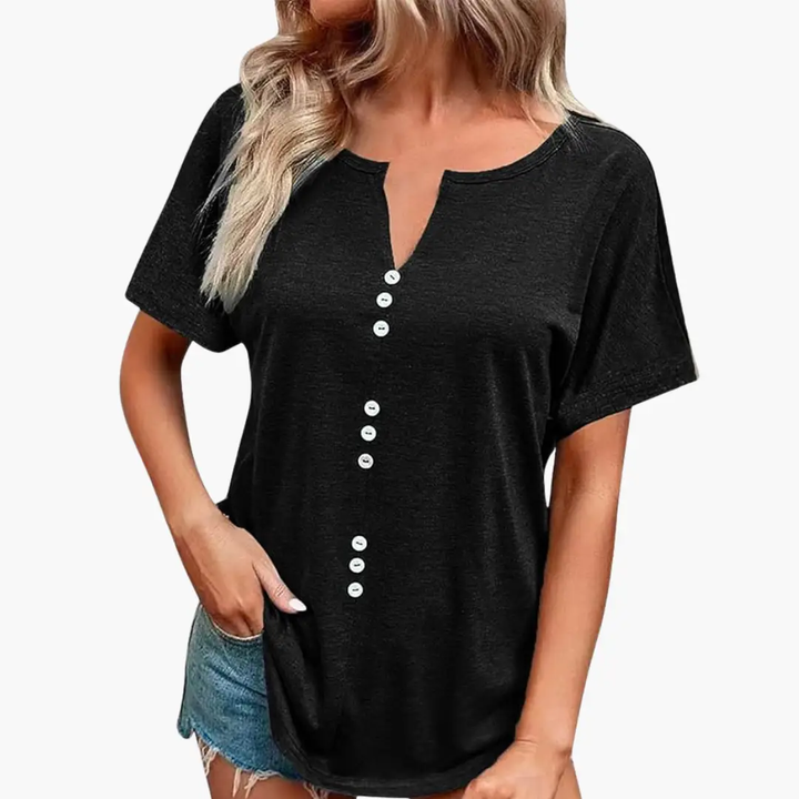 Women’s Crew Neck Button Placket Short Sleeve T-Shirt