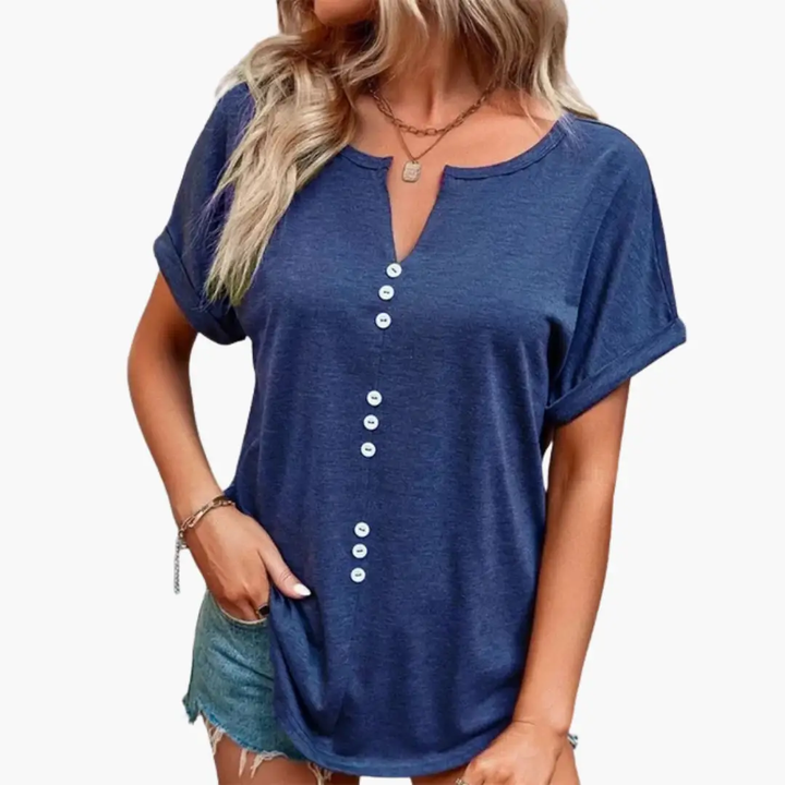 Women’s Crew Neck Button Placket Short Sleeve T-Shirt