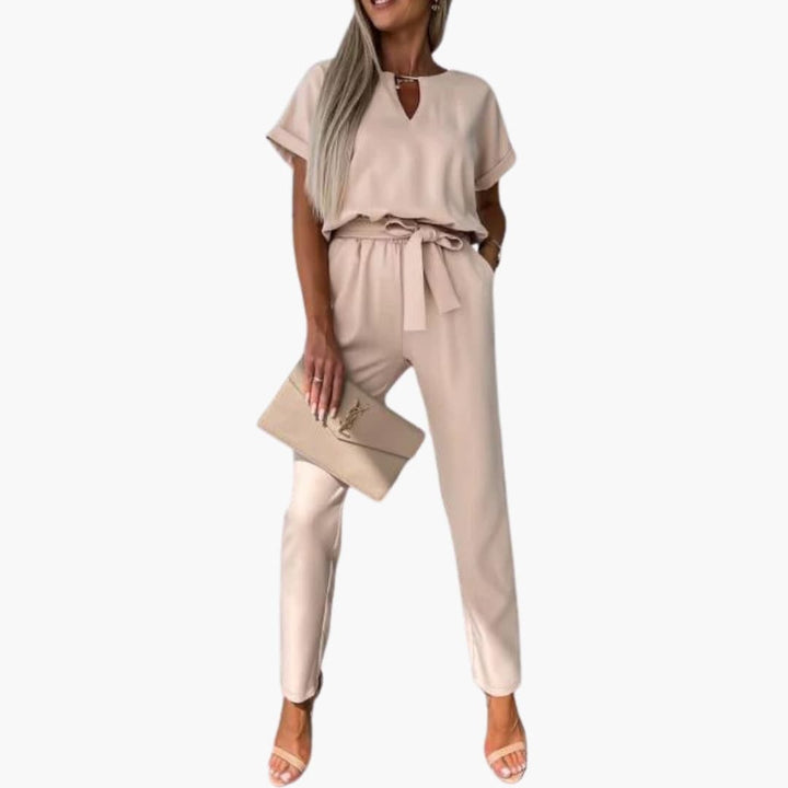 Women’s V - Neck Jumpsuit with Waist Belt